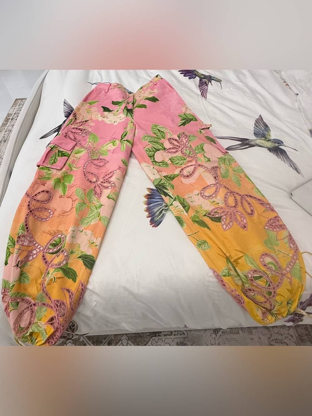 HEMANT & NANDITA Pink and Orange Floral Wide-Leg Pants
